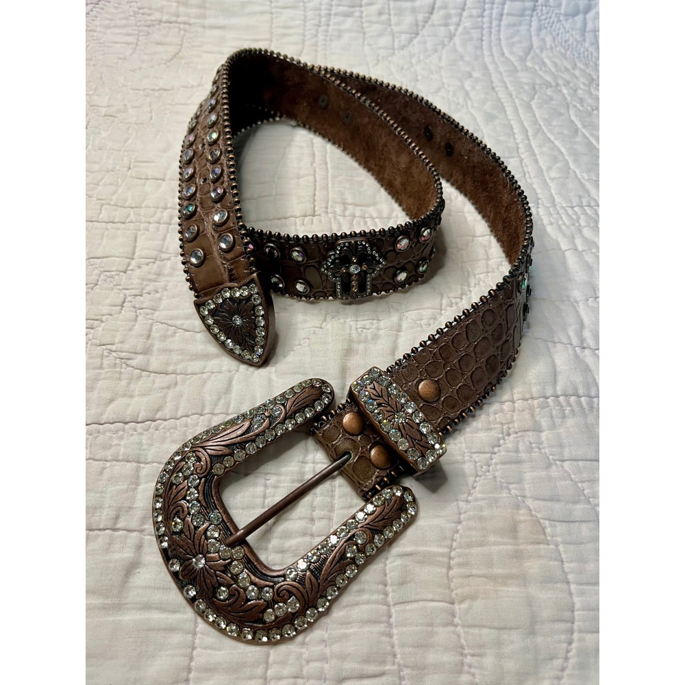 Womens Brown Croc Leather Rhinestone Cross Western Belt Copper Buckle ML New